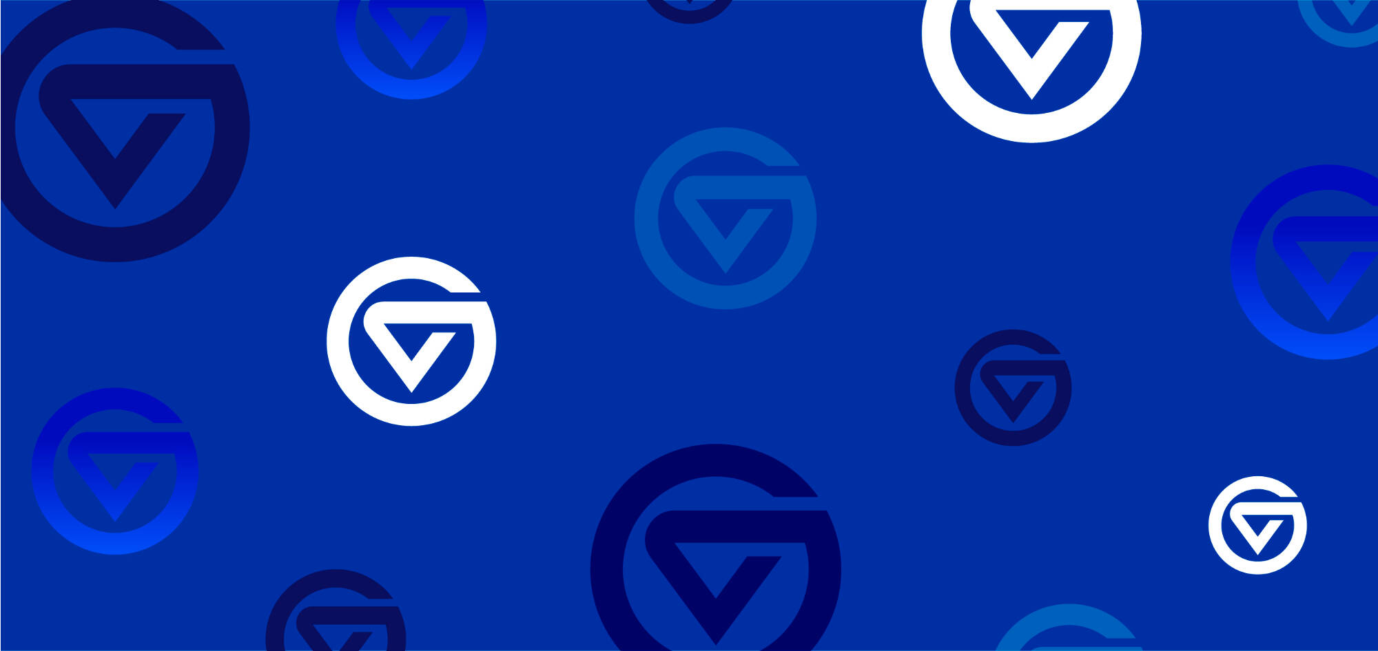 A series of logomarks in various Grand Valley colors against a Grand Valley Blue background.